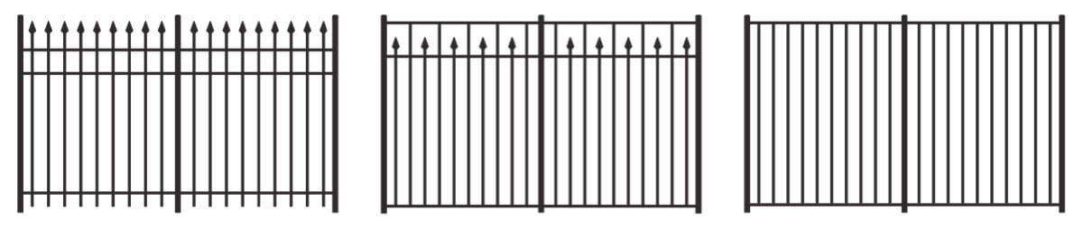 Illustrations of three popular metal fence styles that Integrous offers.