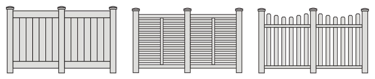 Illustrations of three popular vinyl fence styles that Integrous offers.