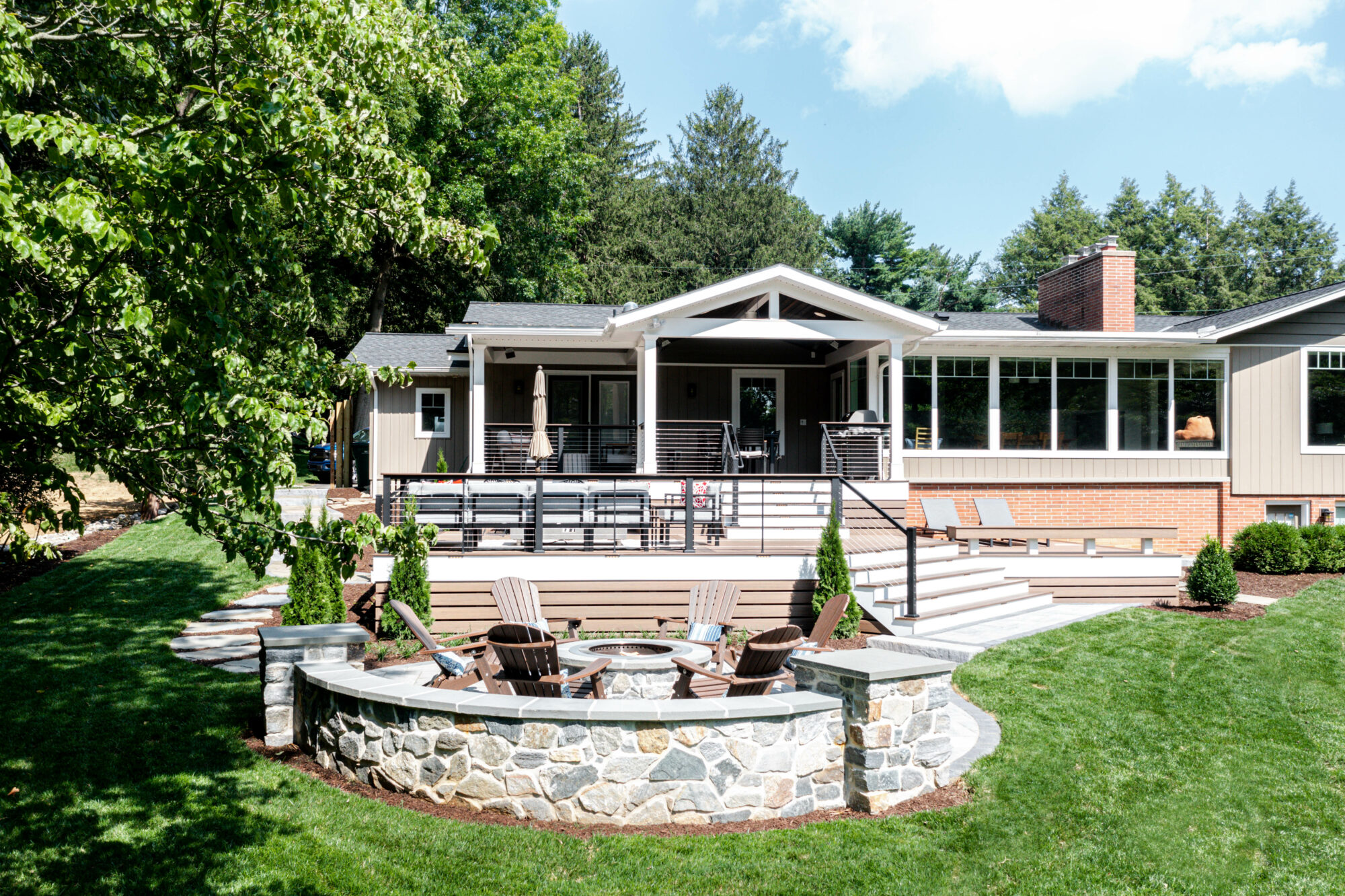 Multi-Level deck, Modern Deck, Pecan, Mocha, Drink Rail, Cable Railing, Modern Railing, TimberTech, Decking, outdoor living, Techo block, patio, fire pit, breeo, roofed deck, porch, cover porch, pine ceiling, outdoor heaters, outdoor dining,