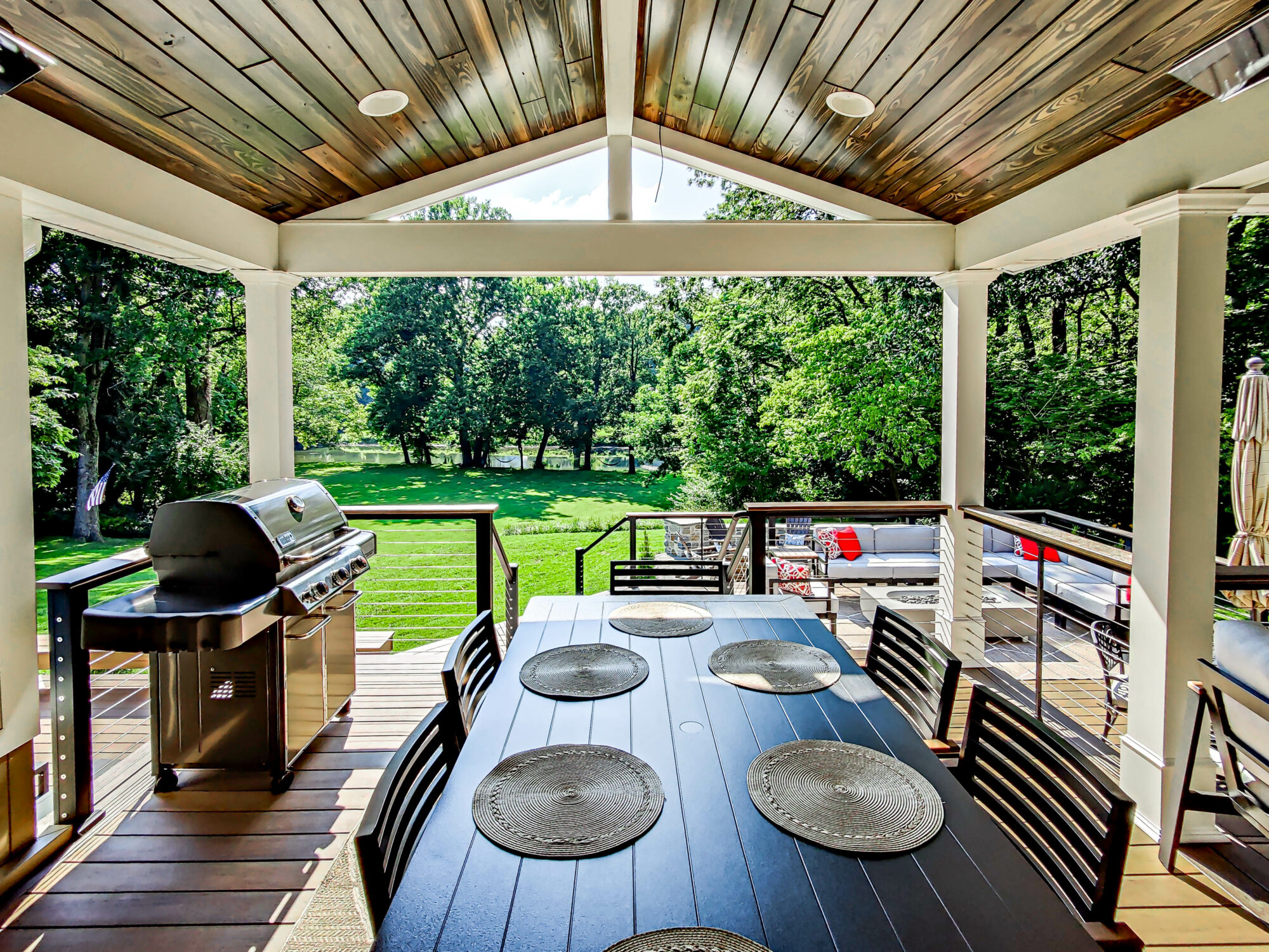 Multi-Level deck, Modern Deck, Pecan, Mocha, Drink Rail, Cable Railing, Modern Railing, TimberTech, Decking, outdoor living, Techo block, patio, fire pit, breeo, roofed deck, porch, cover porch, pine ceiling, outdoor heaters, outdoor dining,