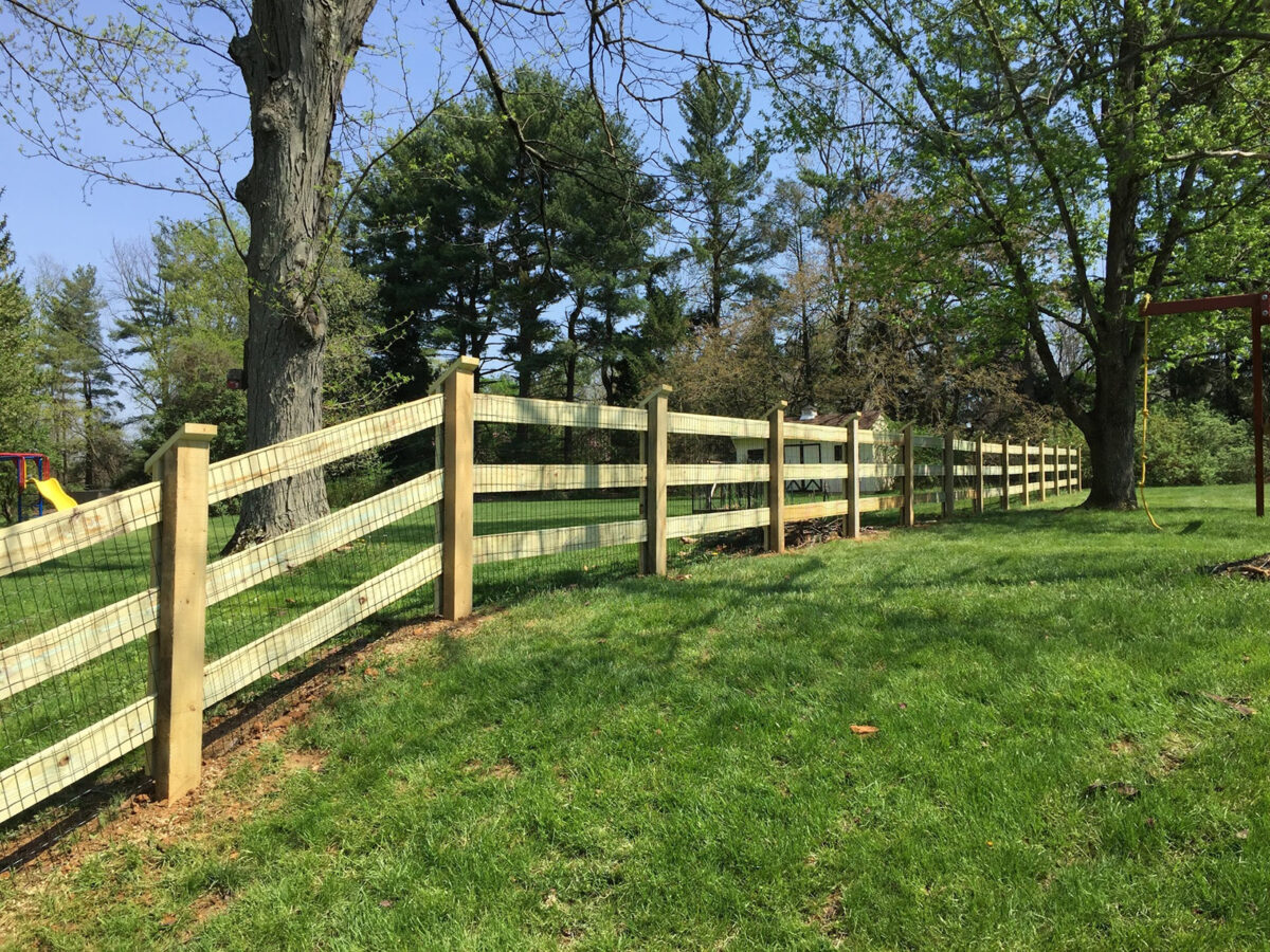 post and board fence with wire mesh