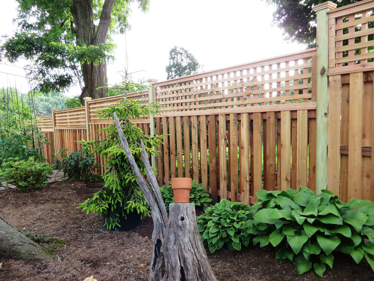 Framed wood privacy fencing with lattice in back yard