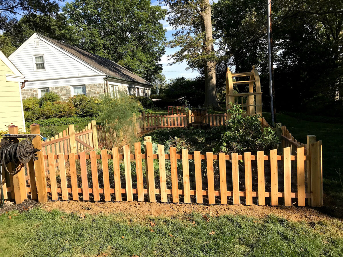 red cedar picket fence around garden