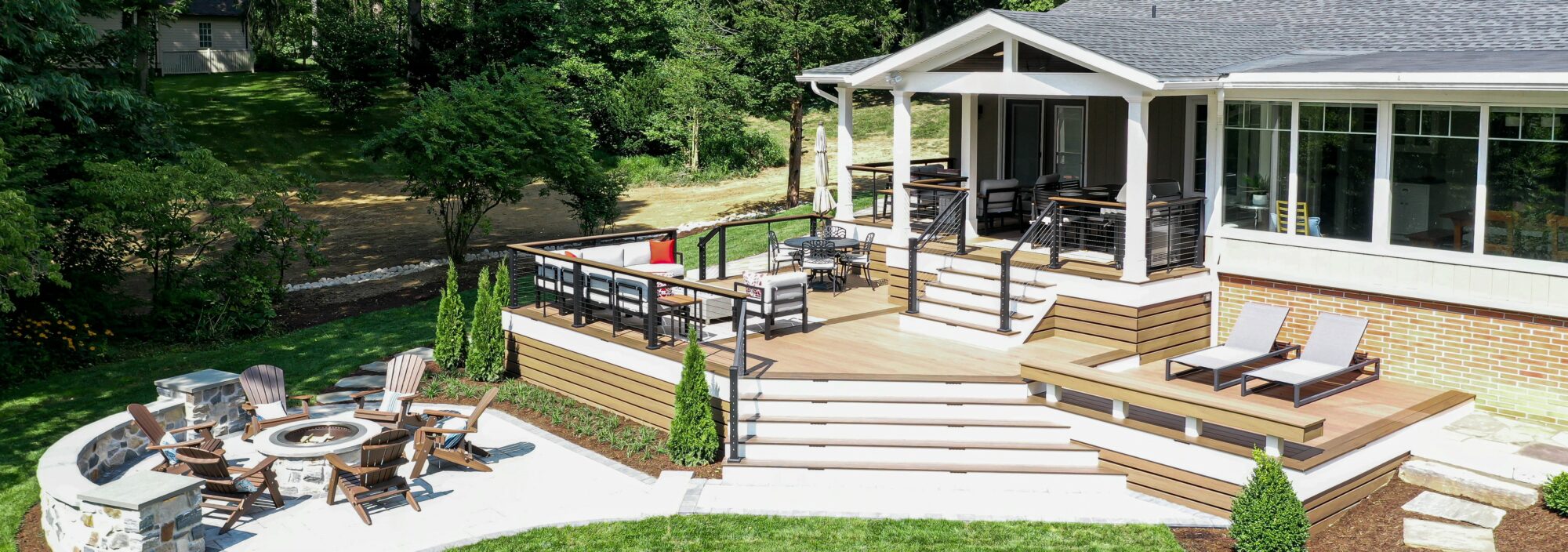 Multi-Level deck, Modern Deck, Pecan, Mocha, Drink Rail, Cable Railing, Modern Railing, TimberTech, Decking, outdoor living, Techo block, patio, fire pit, breeo, roofed deck, porch, cover porch, pine ceiling, outdoor heaters, outdoor dining,