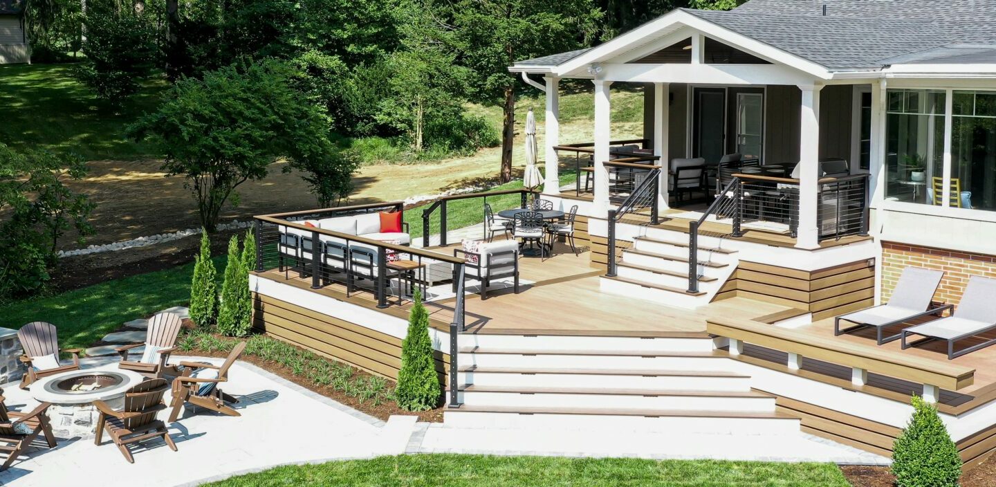 Multi-Level deck, Modern Deck, Pecan, Mocha, Drink Rail, Cable Railing, Modern Railing, TimberTech, Decking, outdoor living, Techo block, patio, fire pit, breeo, roofed deck, porch, cover porch, pine ceiling, outdoor heaters, outdoor dining,