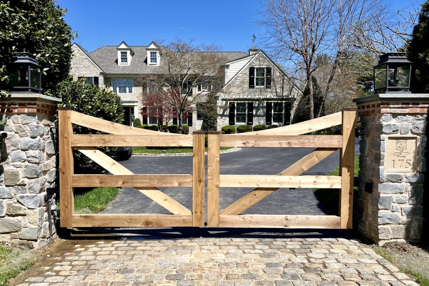 Custom Driveway Gate, Cedar Gate, LiftMaster, Stone Pillars
