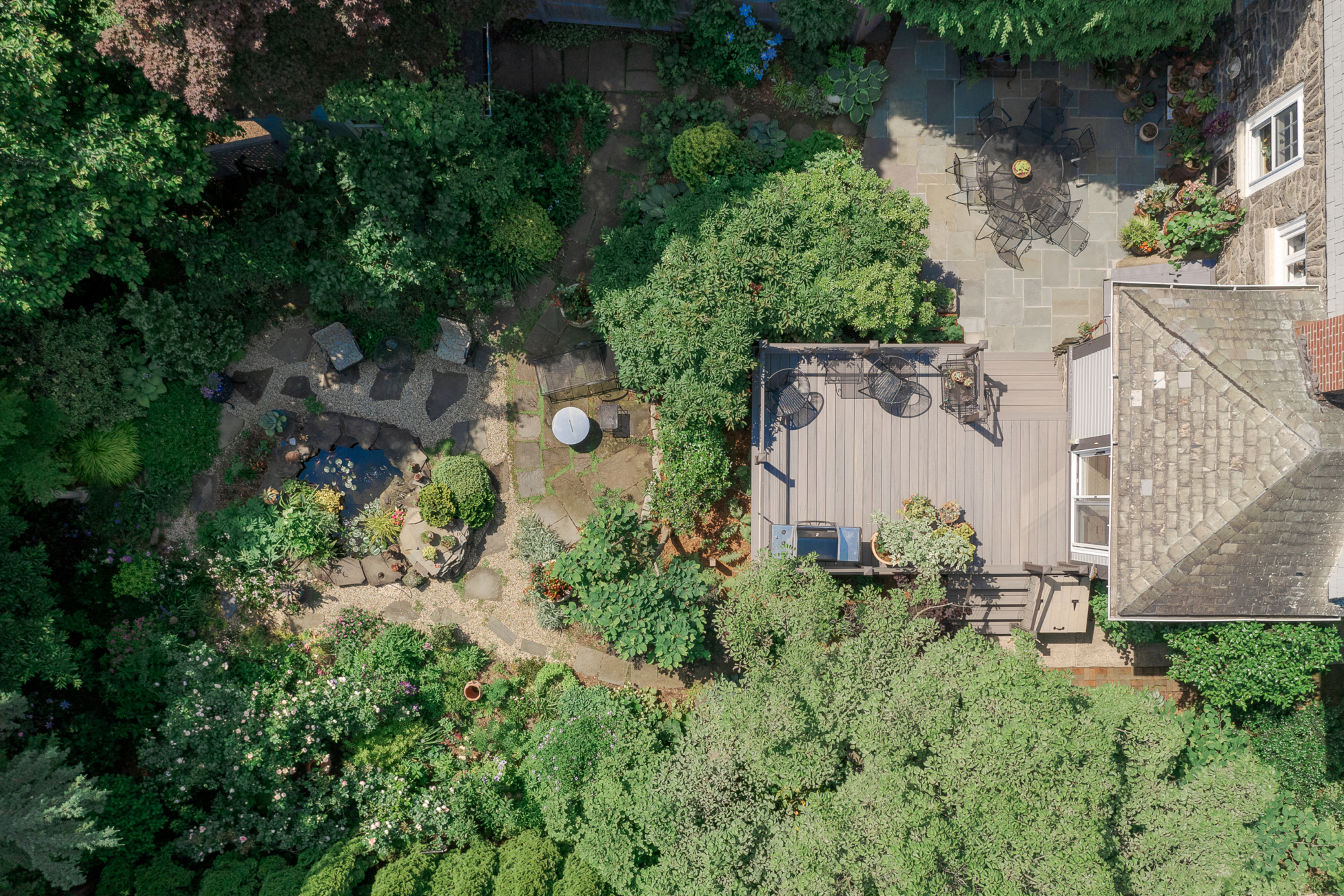 image of a deck in elkins pa built by integrous fences and decks featuring cable railing and timbertech decking located in a beautiful garden backyard
